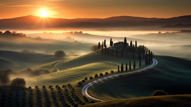 Lever de soleil captivant de la Toscane Une super longue exposition de paysages brumeux