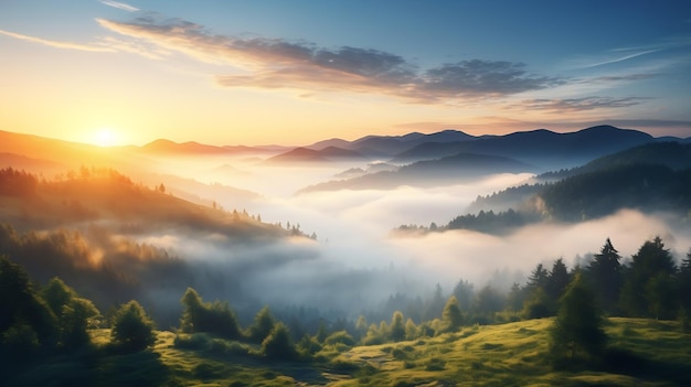 Lever de soleil coloré d'AI générative dans la pente boisée de montagne avec le brouillard