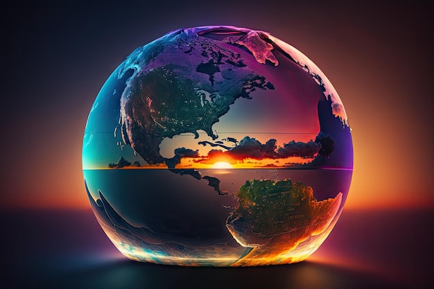 Un lever de soleil coloré sur un globe avec des rayons de lumière illuminant différents continents