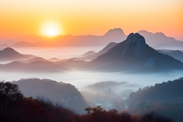 Un lever de soleil en corée du sud avec le soleil couchant derrière les montagnes.