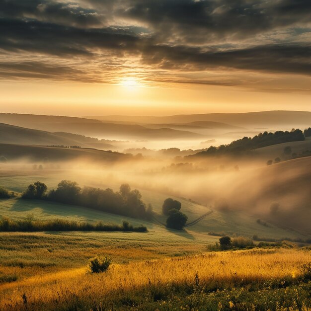 un lever de soleil à couper le souffle sur une campagne sereine