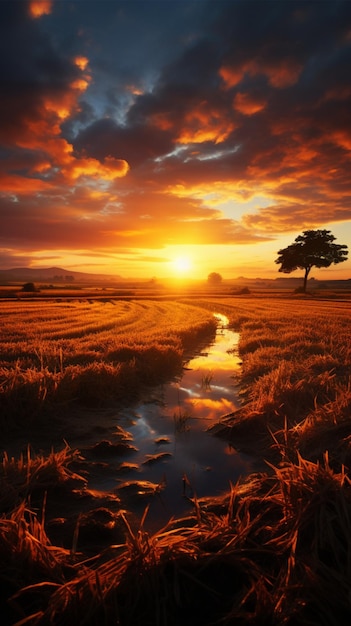 Un lever de soleil doré baigne la campagne sereine dans une lumière chaude Fond d'écran mobile vertical