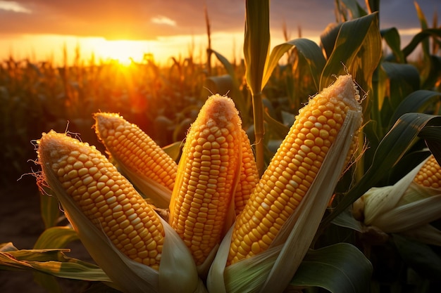 Le lever d'un soleil doré dans une plantation de maïs