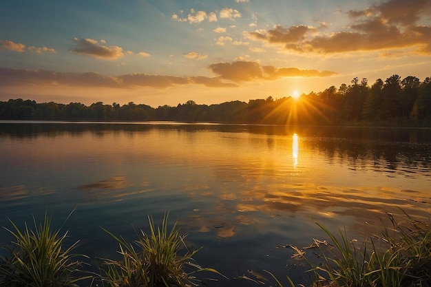 Le lever d'un soleil doré sur le lac tranquille