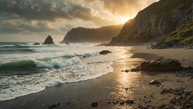 Le lever d'un soleil doré sur la plage rocheuse avec des vagues