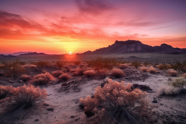 Lever de soleil éblouissant sur un paysage désertique avec des nuances de rose et d'orange se répandant dans le ciel