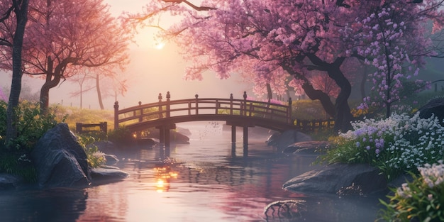 Un lever de soleil enchanteur dans un jardin japonais aux fleurs de cerisier resplendissantes