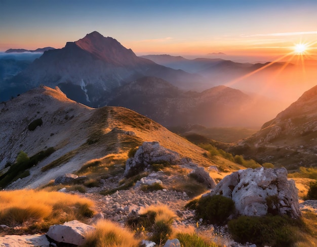 Un lever de soleil épique dans les montagnes avec une vue magnifique