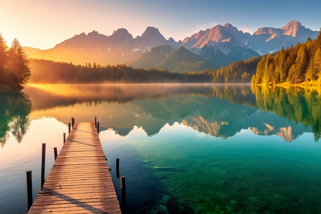 Photo un lever de soleil d'été impressionnant sur le lac eibsee avec la chaîne de montagnes de zugspitze