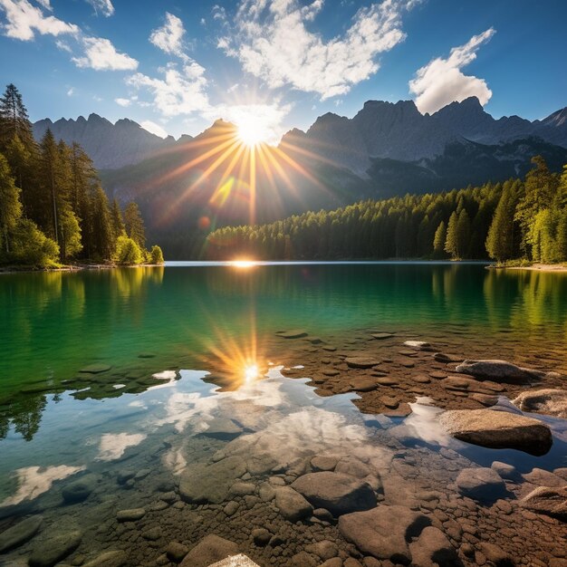 Un lever de soleil d'été impressionnant sur le lac Eibsee