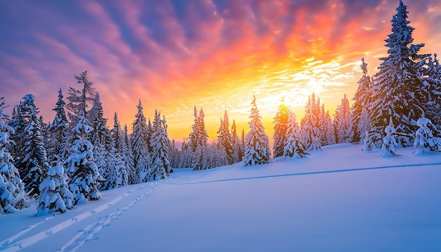 Lever de soleil d'hiver coloré dans la forêt de montagne Première neige en décembre