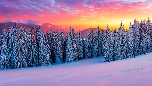 Lever de soleil d'hiver coloré dans la forêt de montagne Première neige en décembre