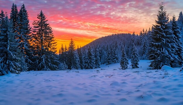 Lever de soleil d'hiver coloré dans la forêt de montagne Première neige en décembre