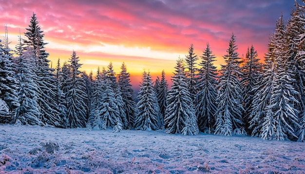 Lever de soleil d'hiver coloré dans la forêt de montagne Première neige en décembre