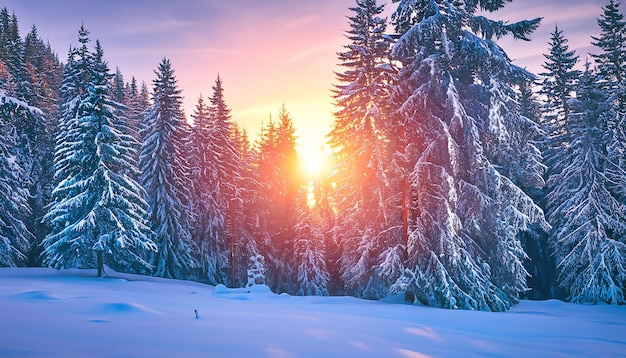 Lever de soleil d'hiver coloré dans la forêt de montagne Première neige en décembre