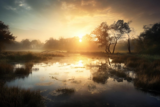 Lever de soleil sur un lac brumeux avec des arbres sur la rive