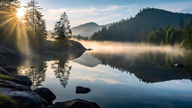 Un lever de soleil sur un lac avec des montagnes et des arbres en arrière-plan