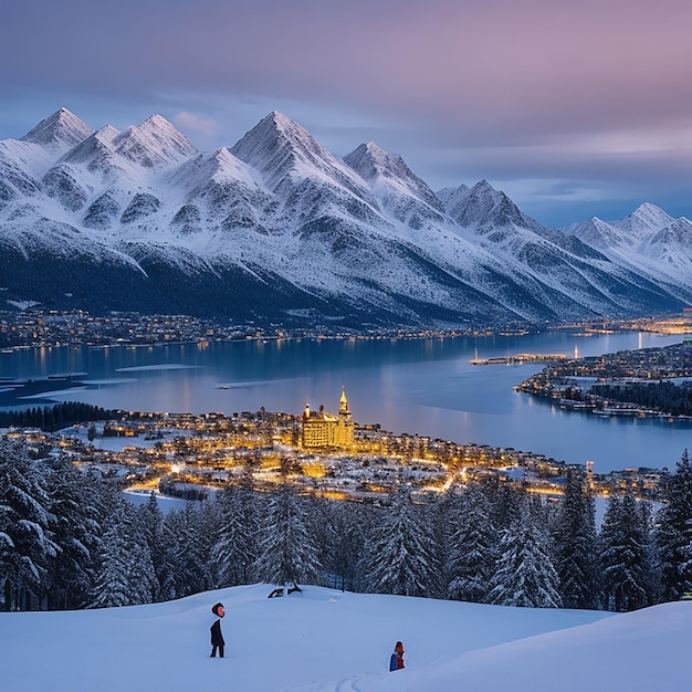 Lever de soleil sur le lac de Sils gelé et enneigé généré par l'IA