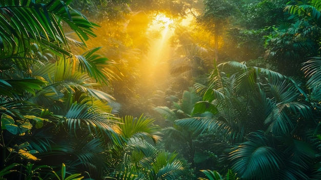 Un lever de soleil majestueux à travers la forêt tropicale dense et la verdure luxuriante