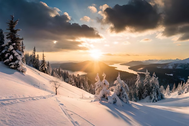 un lever de soleil sur une montagne enneigée avec un coucher de soleil en arrière-plan