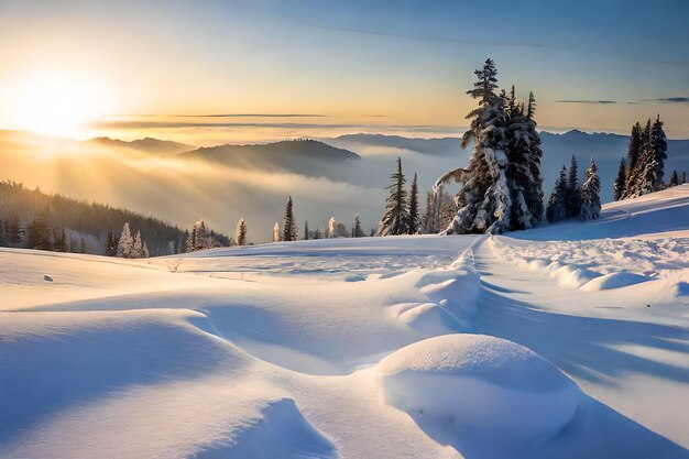 un lever de soleil sur une montagne enneigée avec vue sur les montagnes et les nuages.