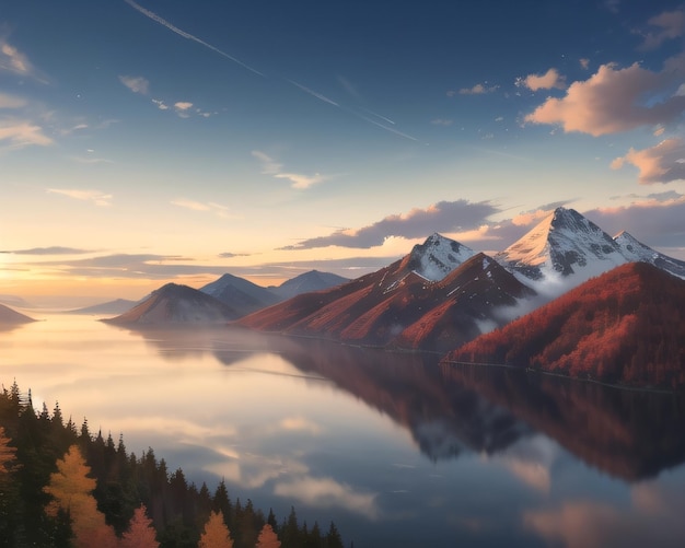 Un lever de soleil avec une montagne et un lac au premier plan.