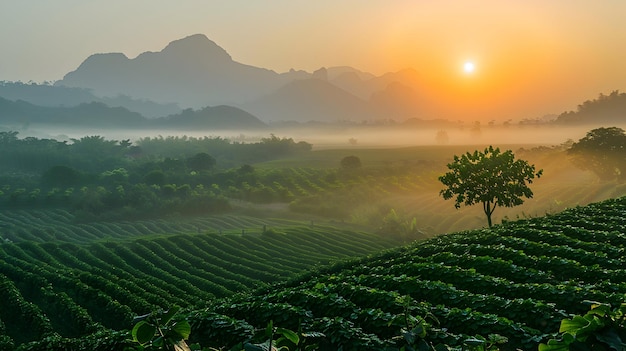 Un lever de soleil paisible éclaire les champs en terrasses. Une ferme fruitière de moines nichée dans une vallée tranquille.