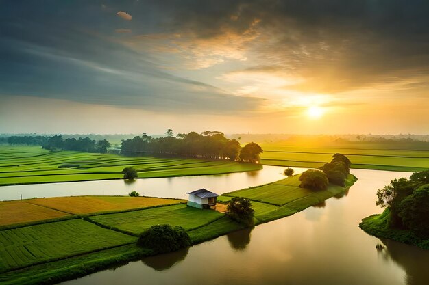 lever de soleil sur une rizière avec une maison sur l'eau