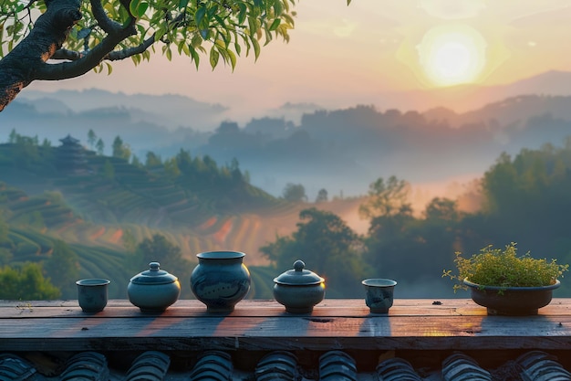 Le lever de soleil serein sur les collines brumeuses avec des pots de terre traditionnels alignés sur le bord du toit en