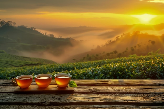 Un lever de soleil serein sur une plantation de thé luxuriante avec trois tasses de thé fumantes sur une table en bois