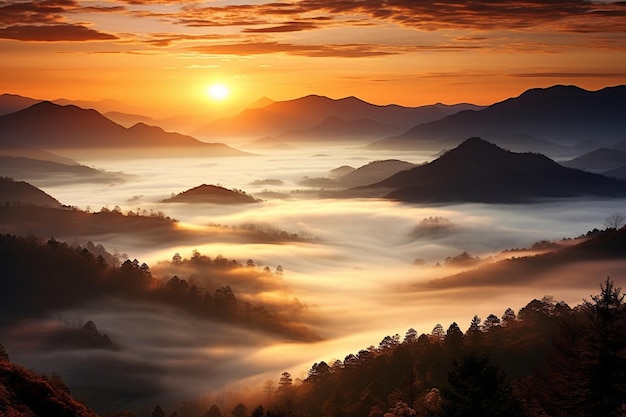 Un lever de soleil spectaculaire au-dessus d'une vallée brumeuse