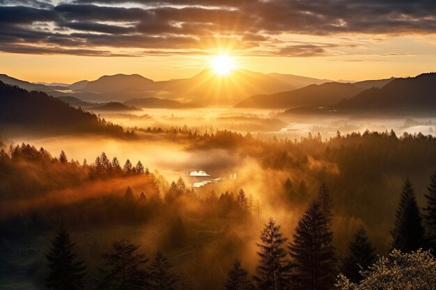 Un lever de soleil tranquille au-dessus d'une vallée couverte de brouillard