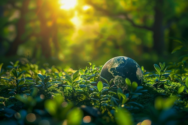 Un lever de soleil tranquille sur une verdure luxuriante avec un globe lumineux symbolisant la sensibilisation à l'environnement et