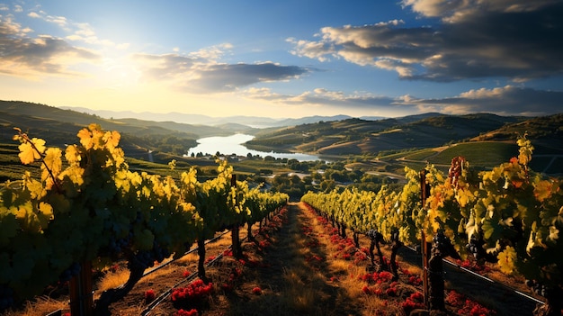 Photo lever de soleil tranquille sur un vignoble idyllique parfait pour les voyages d'automne