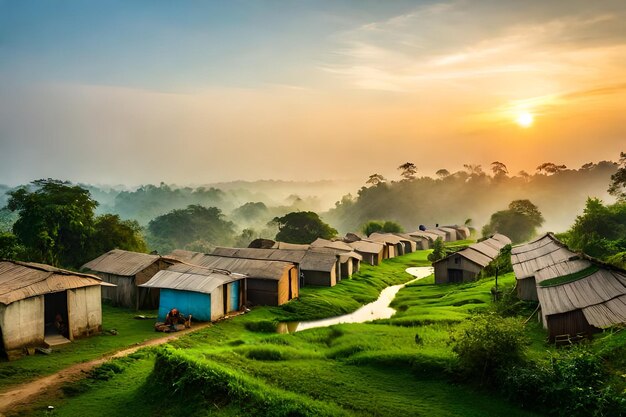 un lever de soleil sur un village