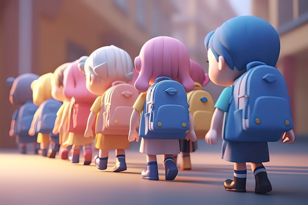 Élèves du primaire en dessin animé 3D portant des sacs à dos à l'école Image générée par la technologie AI