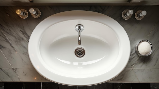 Élevez les rituels quotidiens Une vue d'en haut d'un lavabo moderne dans une salle de bain Investissez dans des actions incarnant la propreté et le design contemporain de la salle de bain