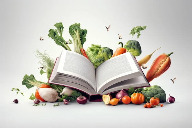 Photo lévitation d'un livre de recettes ouvert avec des légumes et des fruits frais
