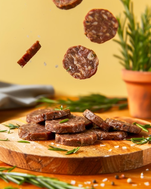 Leviter des tranches de salami avec du romarin frais et du sel sauté sur une planche de bois avec du jaune