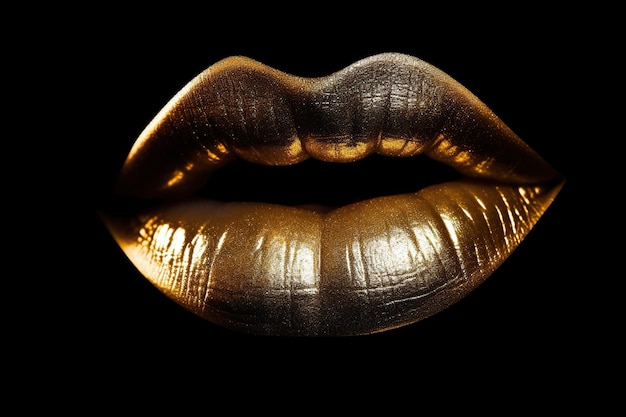 Lèvres dorées d'une femme gros plan Rouge à lèvres jaune doré