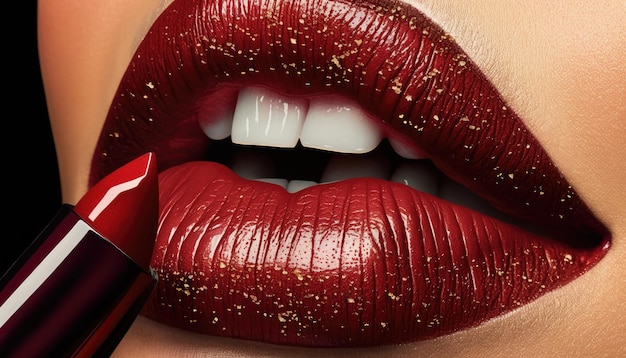 Photo lèvres féminines rouges bouchent peinture rouge à lèvres avec brillant à lèvres lèvres sexy belle femme