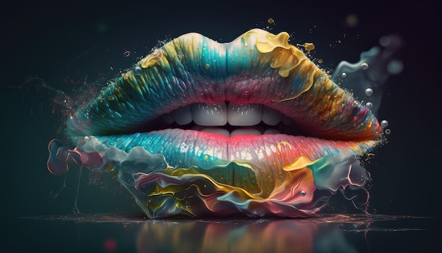 Photo lèvres féminines se bouchent portant du rouge à lèvres coloré dans la fumée multicolore lèvres sexy belle femme