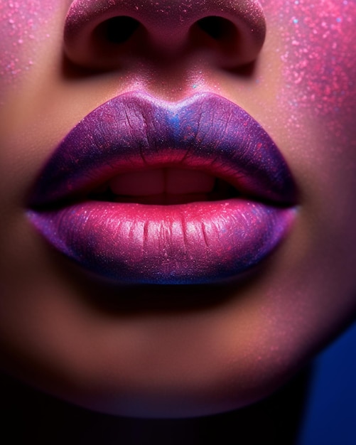 Les lèvres d'une femme avec des paillettes violettes et roses dessus