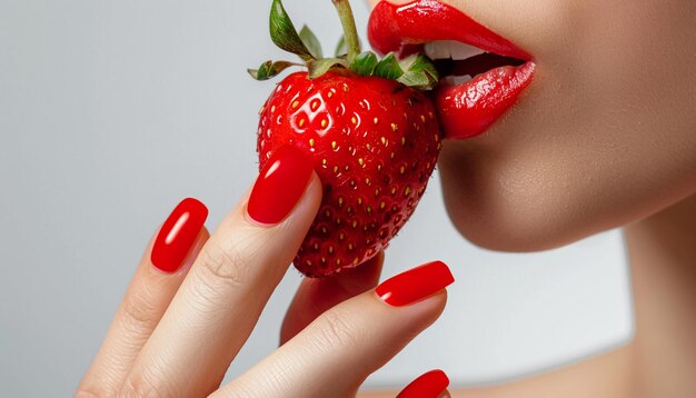 Photo les lèvres et les ongles rouges des femmes mordent dans les fraises juteuses de l'ia générative