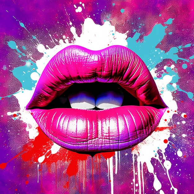 des lèvres roses et violettes avec une lèvre violette et une touche de peinture bleue et violette.