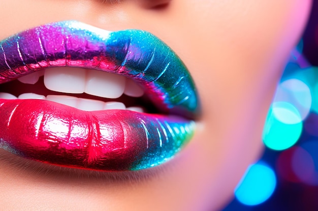 Photo lèvres avec rouge à lèvres iridescent gros plan macro