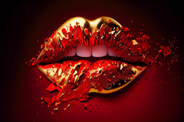 Lèvres rouges avec un liquide doré AI générative