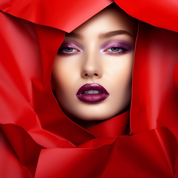 Des lèvres rouges vifs dans un cadre en papier rouge et violet.