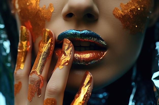 Lèvres rouges avec un visage féminin scintillant rouge avec de l'or tirant sur l'IA générative