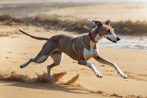 Un lévrier qui court sur la plage.